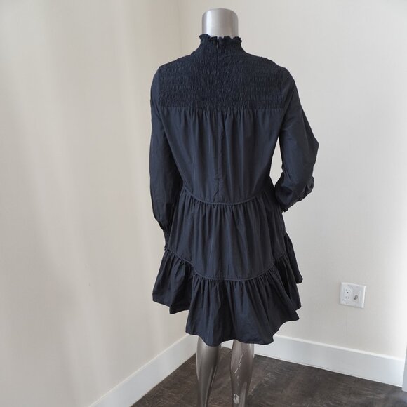 Veronica Beard Vigore Black Dress Smocked High Neck Tiered A line Size 2 - Picture 6 of 9